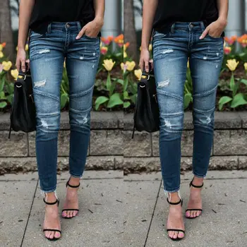 

2020 Newest Hot Women High Waist Denim Skinny Pants Ripped Destroyed Stretch Jeans Slim Pencil Trousers Lady Spring Autumn Wear