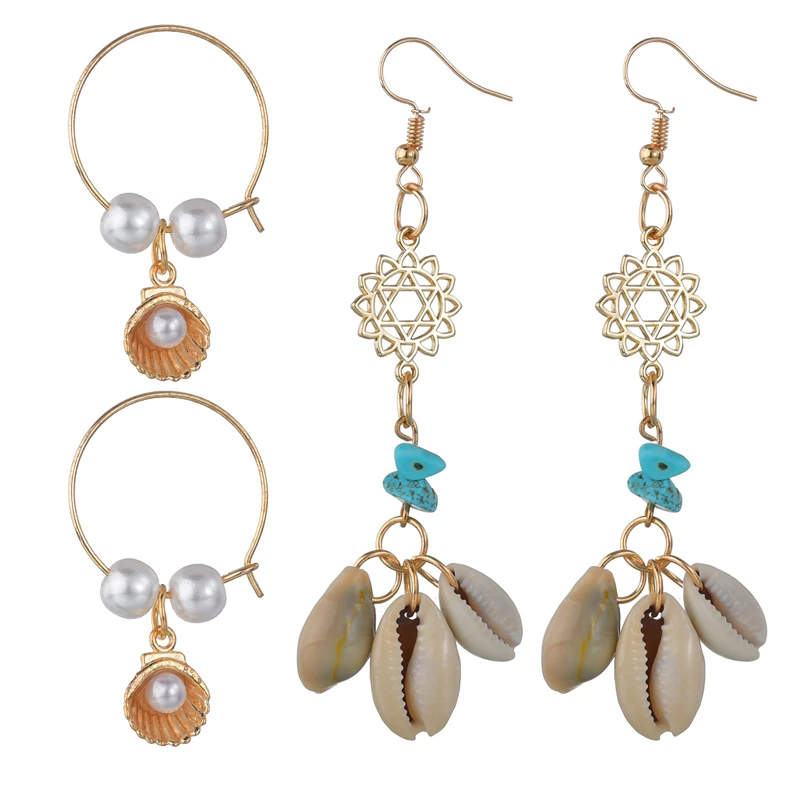 

Bohemia Sea Pearl Shell Earrings For Women Gold ColorMetal Shell Cowrie Statement Dangle Earrings 2019 New Summer Beach Jewelry