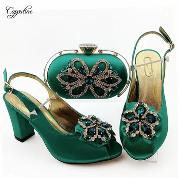 

New Coming Teal Color African High Heel Sandals And Bag Nice Shoes With Handbag Sets With Stones QSL026, Heel Height 9CM