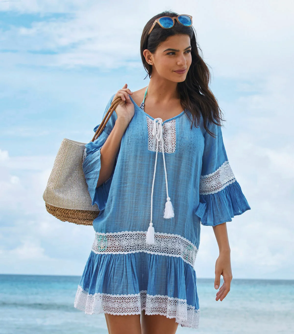 

Woman Flare Sleeve Lace Patchwork Beach Bikini Cover UP Mini Blue Dress Summer Sun Protection Swim Suit Vacation TOPS Plus Size