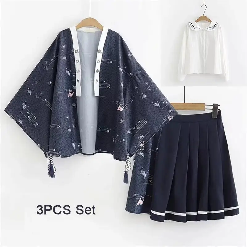 Милая девушка Haori аниме классический Гейша Косплей костюмы лето солнцезащитный крем уличная японское кимоно юката блузка Blouse - Цвет: Claret 3PCS Set C