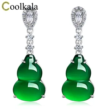 

Coolkala s925 sterling silver natural chalcedony gourd female ethnic style green agate inlaid stone earrings