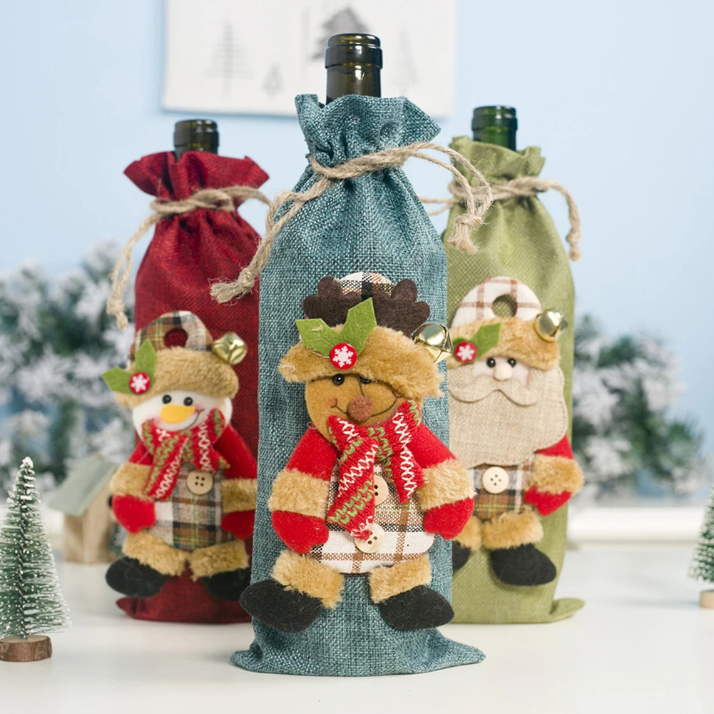 

Red Wine Christmas Santa Tree Bottle Cover Bag Sets Bottle Decor Christmas Table Decor Dinner Party for New Year Xmas Dinner