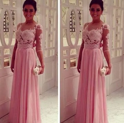 Lange Roze Chiffon Prom Jurk met Mouwen EEN Lijn See Through Sweetheart Volledige Lengte Avond Party Gown Vestido De Festa soiree Lange Roze Chiffon Prom Jurk met Mouwen EEN Lijn See Through Sweetheart Volledige Lengte Avond Party Gown Vestido De Festa soiree