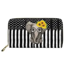Large Capacity Cute Women's Wallets Zipper Around Phone Coin Card Wallet Elephant Sunflower Print Ladies PU Leather Clutch Purse