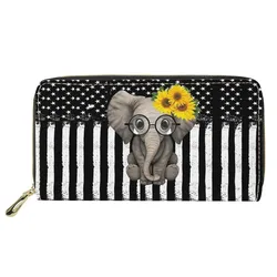 Large Capacity Cute Women's Wallets Zipper Around Phone Coin Card Wallet Elephant Sunflower Print Ladies PU Leather Clutch Purse