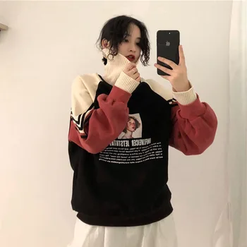 

Chic Women Turtleneck Long Sleeve Sweatshirt Harajuku Printed Patchwork Pullovers Autumn Winter Warm Hoodies Sweatshirts