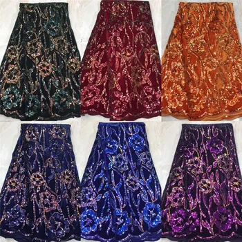 

Nigerian Sequins Velvet Lace Fabrics For Wedding Dress African French Tulle Lace fabric green/gpld High Quality Lace Material