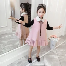 Платье принцессы в стиле пэчворк для девочек коллекция года; сезон весна-осень; Новинка; корейская детская облегающая блузка с длинным рукавом; детская Милая плиссированная цельнокроеная одежда; P381