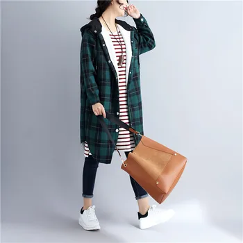 

COIGARSAM Casual Plaid Shirt Womens tops Print Loose Upset Add Wool Keep Warm Women shirts Green 7145
