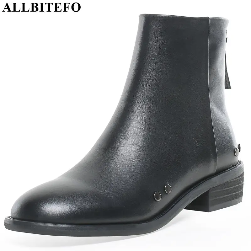 

ALLBITEFO natural genuine leather Pure color women boots Metal rivet Autumn Winter ankle boots fashion boots comfortable