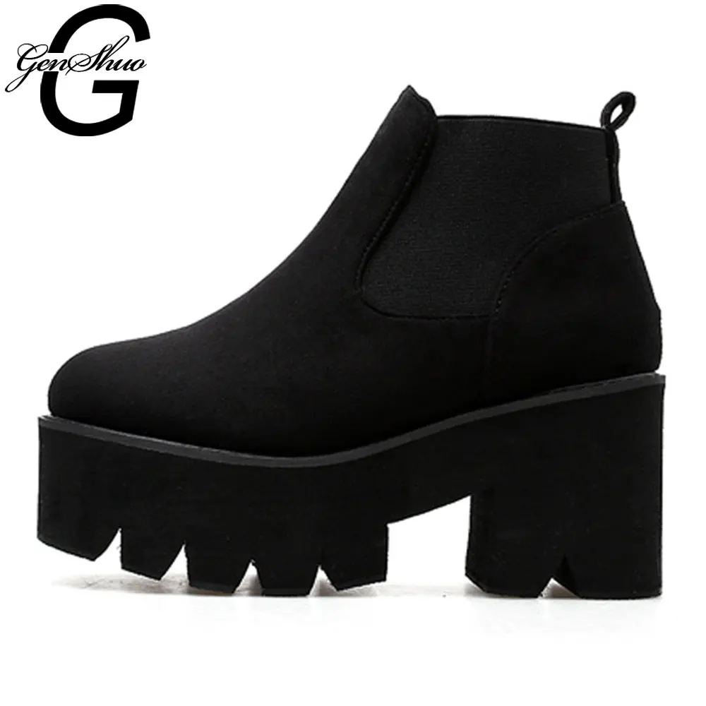 

GENSHUO 2019 New Fashion Spring Autumn Platform Ankle Boots Women Thick Heel Platform Boots Ladies Worker Boots Black Size 35-40