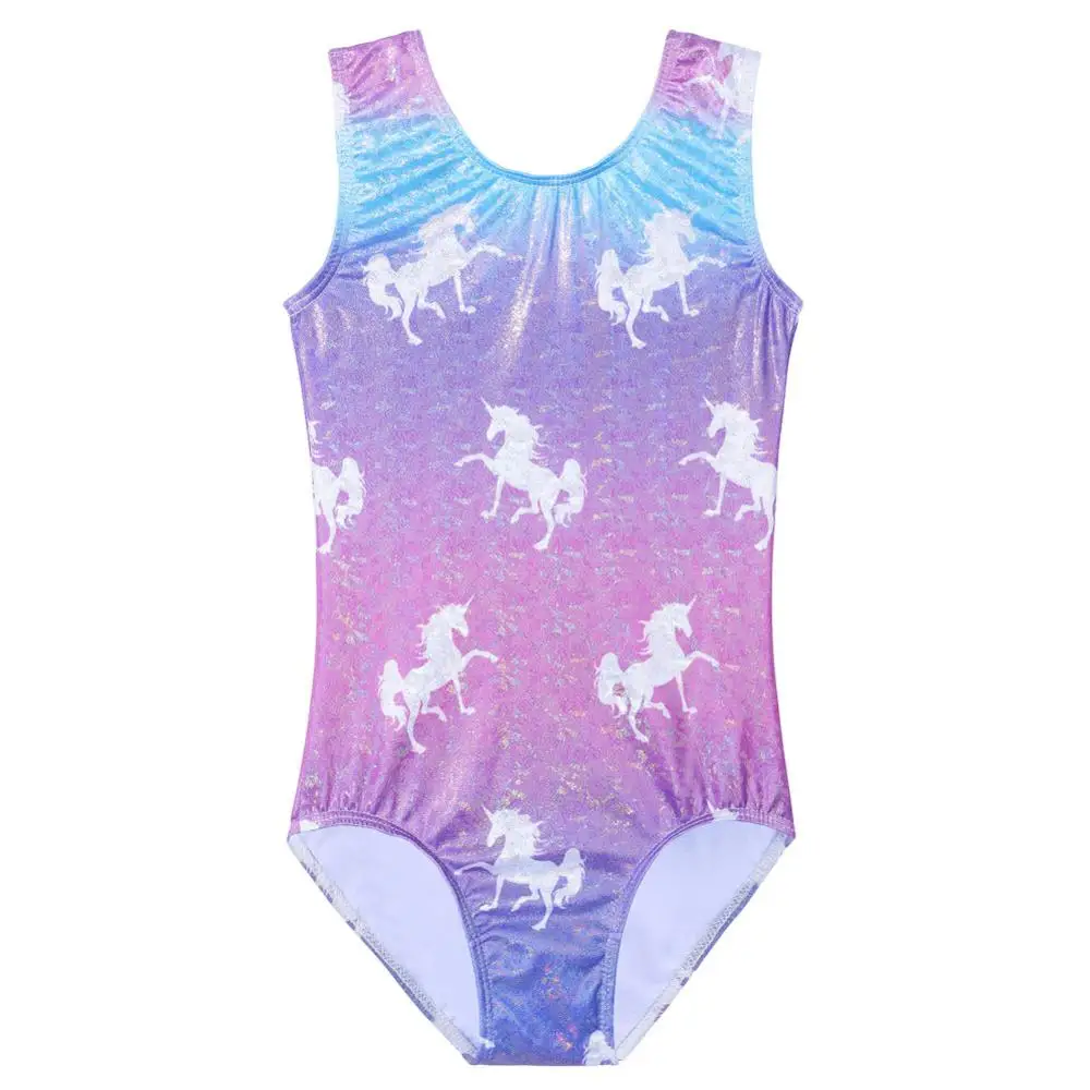 BAOHULU Blue Purple Girls Gymnast Leotards Cartoon Horse Ballet Bodysuit Athlete Gymnastics Leotard Kids Teens Dance Costume