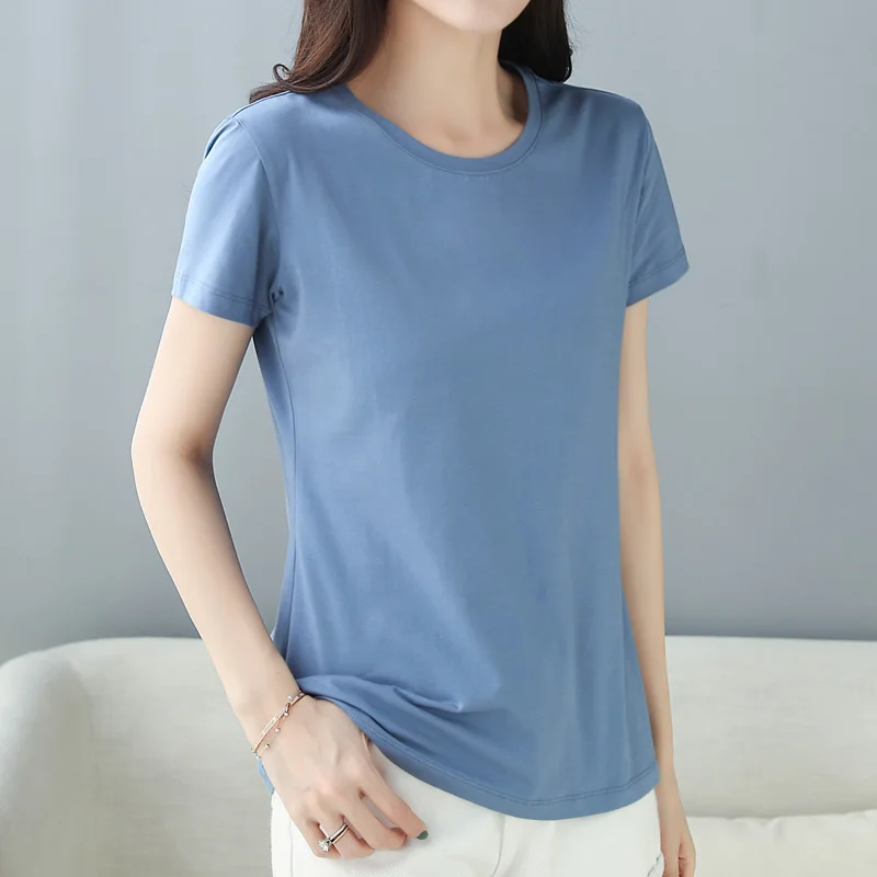 Дымка синего цвета с круглым вырезом коротким рукавом Футболка женская летняя