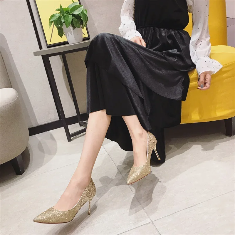 

735-1 Sequin Crystal Marriage Shoe Bride Bridesmaid 2019 Autumn And Winter New Style GIRL'S Fashion High Heel Shoes Thin Heeled