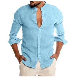 Camisas masculinas 2021 primavera moda manga longa roupas vintage casual o pescoço botão sólido praia manga longa blusa