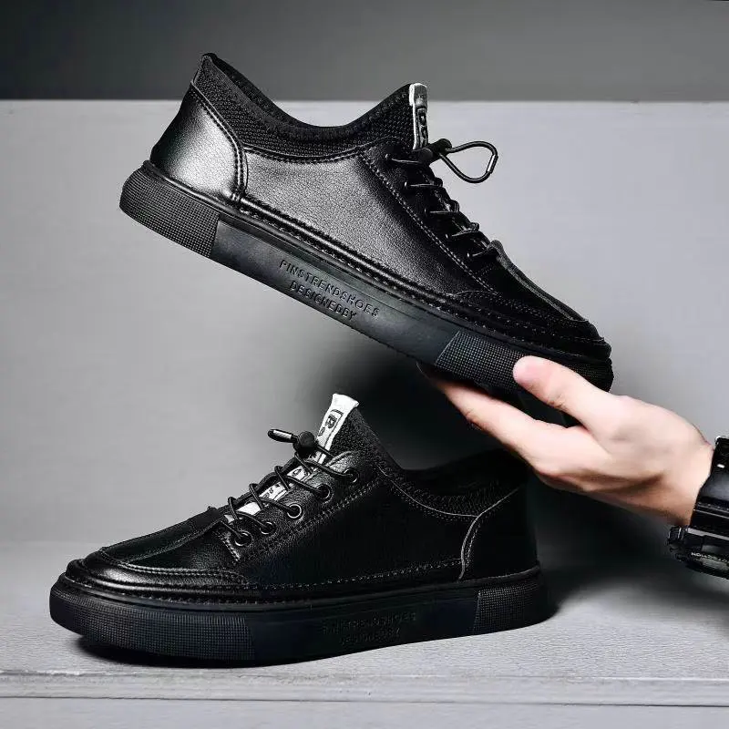 Мужские кроссовки из коровьей кожи; мужская повседневная обувь на шнуровке; Лидер продаж; модные мужские прогулочные мокасины из натуральной кожи; обувь на плоской подошве; A54-17 - Цвет: Черный