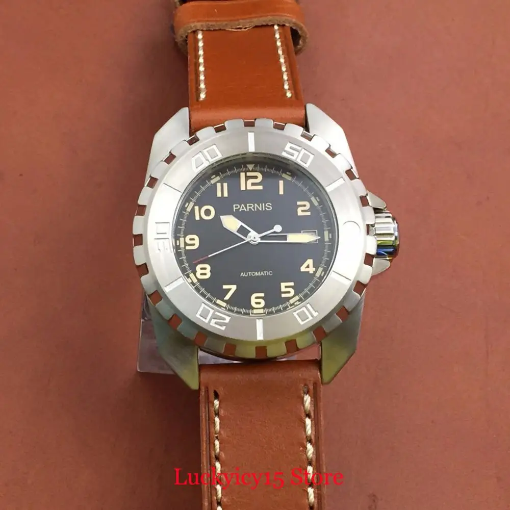 

PARNIS Special Design 45mm Watch Case Automatic Men's Watch Sapphire Cyrstal Auto Date Luminous Marks Classic Leather Strap
