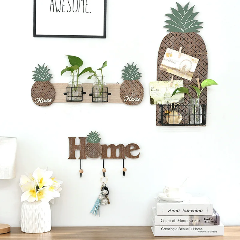 Nordic Wooden Keys Hook Home Wall Decoration Pineapple Hydroponic
