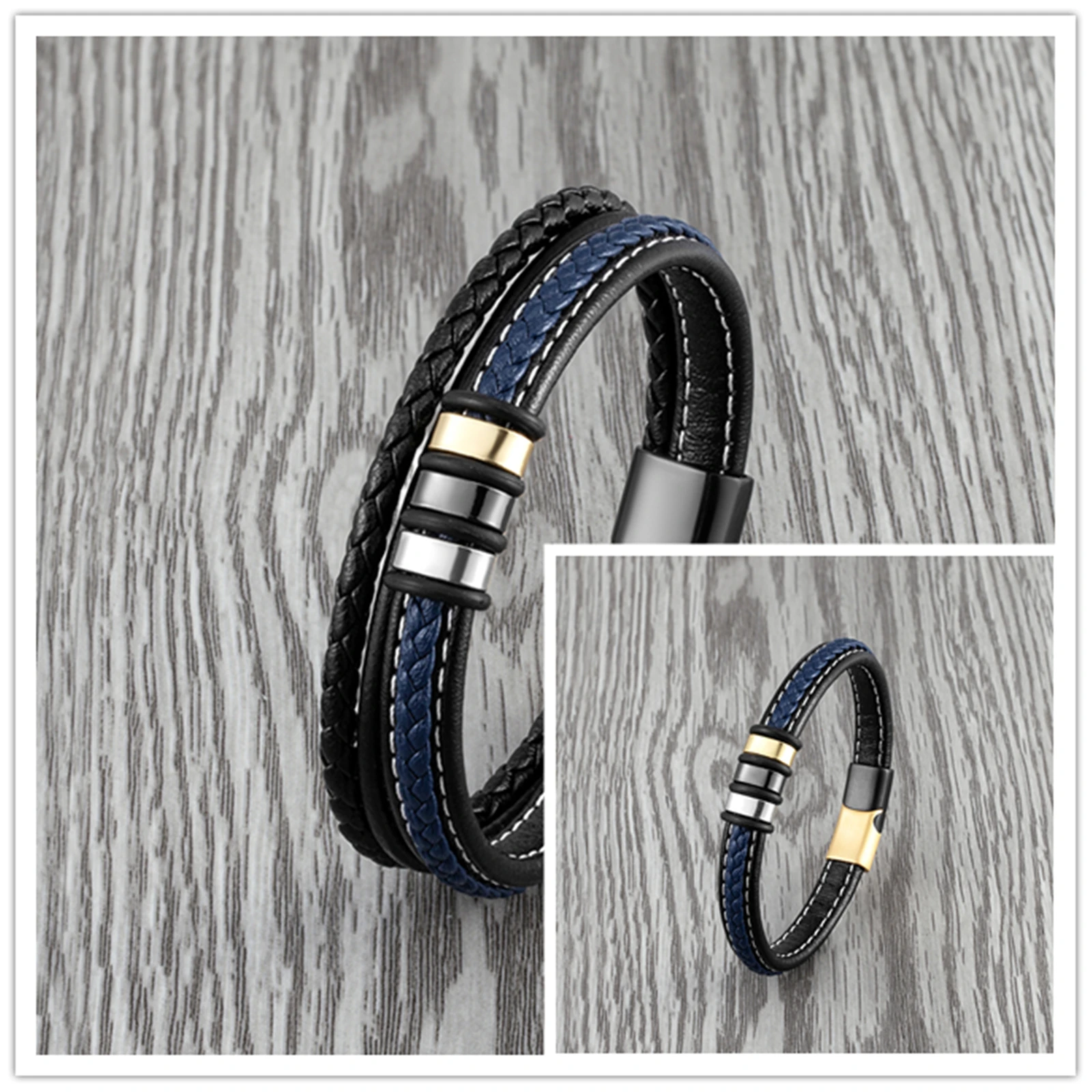 

Braided Rope Black Blue Leather Bracelet For Men And Women Couples Simple Stainless Steel Charm Retro Jewelry Bracelet