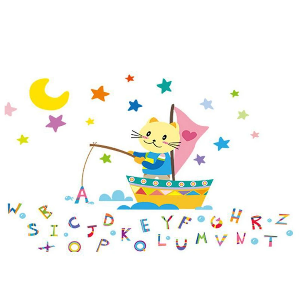 

Cute children's room decoration stickers removable wall stickers kitten fishing cartoon stickers home stickers