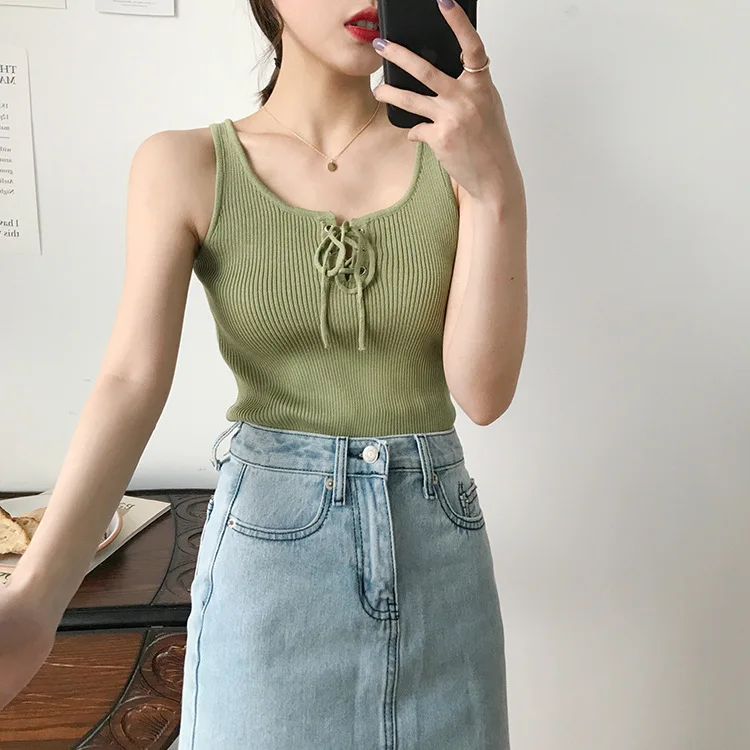 

Photo Shoot WOMEN'S Dress Spring Summer New Style Lace-up Solid Color Knitted Vest Base Shirt Women's