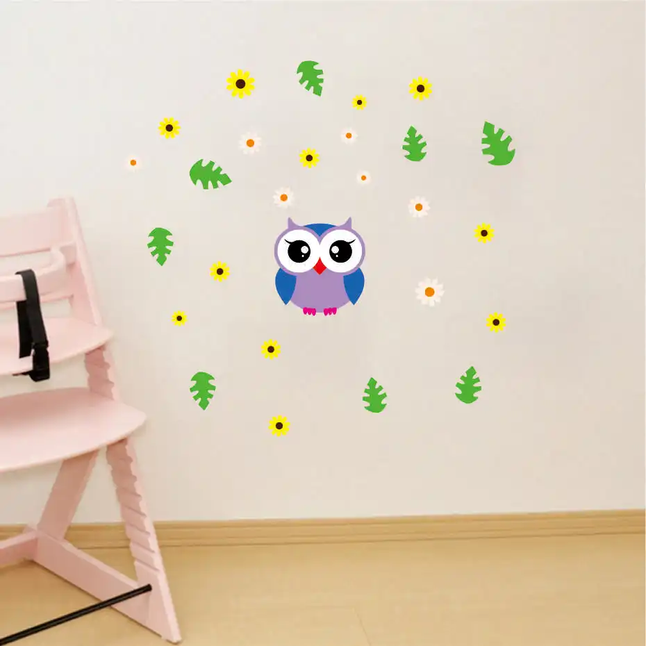 Cute Nursery Owl with Flowers Stickers on Wall Art DIY Flowers Leafs Decals for Kids Baby Room Bedroom Door Home decor Wallpaper (2)