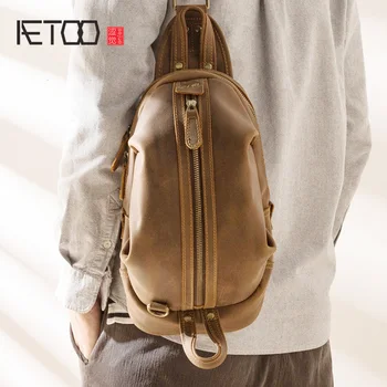 

AETOO Leather men's chest bag, vintage mad horse leather shoulder bag, head leather personality hand slash bag