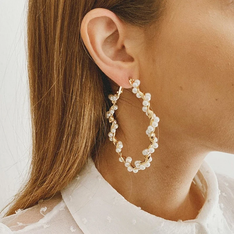 

HuaTang 2020 Fashion Pearl Wrap Big Circle Earrings for Women Girls Gold Color Metal Hoop Earrings Female Party Jewelry Brincos