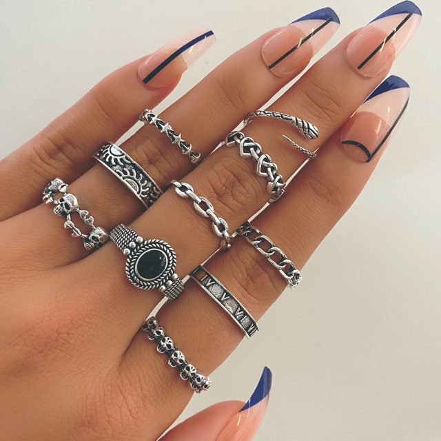 Vintage Gothic Elephant Skull Serpentine Multi Element Ring Set For Women Men Retro Personality Finger Ring Gifts