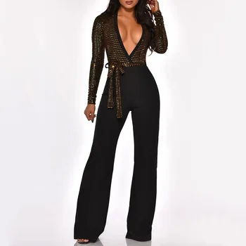 

Sequins Jumpsuit Spring Sexy V-Neck Fashion Casual Full Length Slim Lace-Up Party Jumpsuit Wide Leg Pants Women Office Jumpsuit