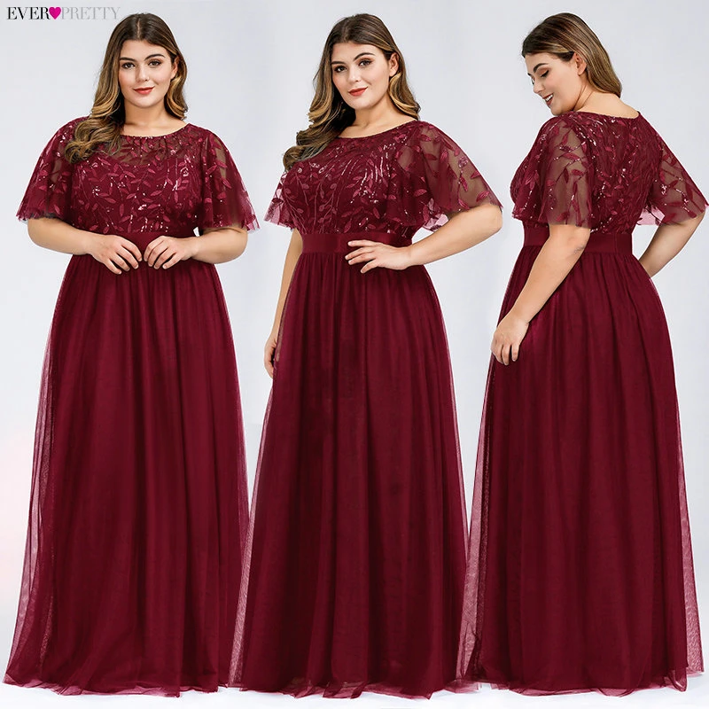 Plus Size Sequined Evening Dresses Long Ever Pretty A-Line O-Neck Tulle Elegant Formal Evening Gowns Vestido Noche Elegante 2020