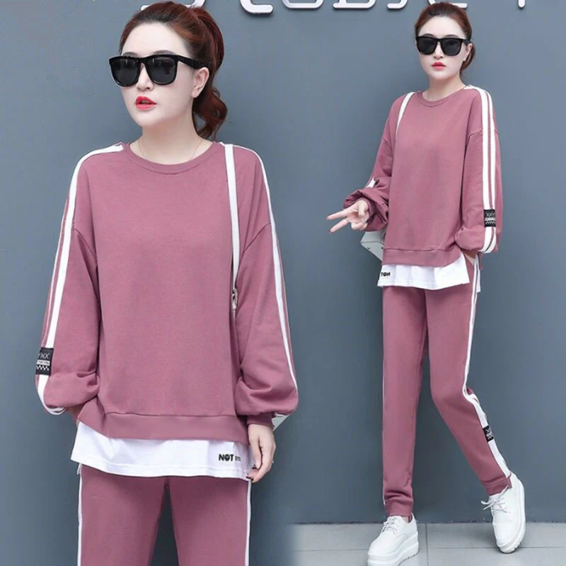 

Fashion Sportswear Two Piece Set Women Spring and Autumn New Loose Casual Sweatshirt 2-piece Set Pink Light Blue