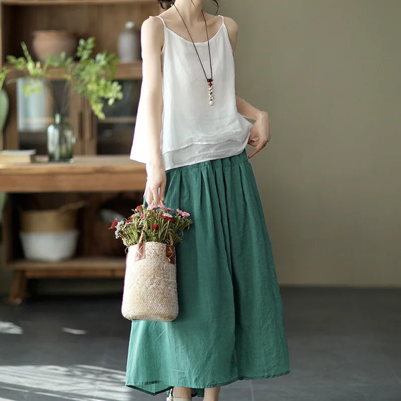 Skirts Women Summer Cotton Linen Comfortable Ankle Length Elegant Fairy Minimalist Chinese Style 6-colors Casual A-line Solid