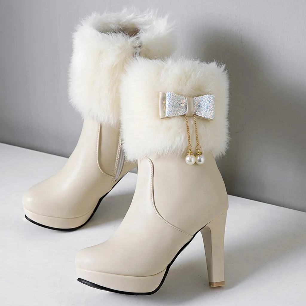 Зимние теплые плюшевые зимние сапоги; Женские однотонные ботинки с круглым носком; Низкие ботинки с бантом и жемчугом; обувь на высоком каблуке с пряжкой и ремешком