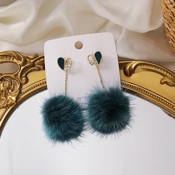 

Korean Cute Plush Hairball Earrings for Women 2020 Winter Shaggy Enamel Heart Green Big Ball Drop Earrings Statement Jewelry
