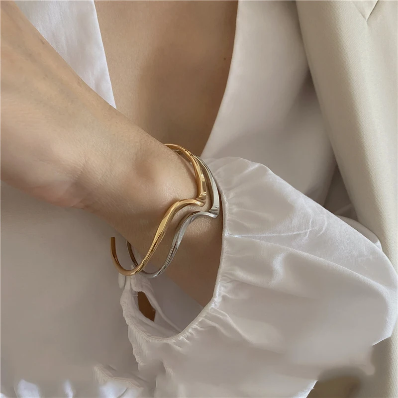 Peri'sBox Gold Silver Color Adjustable Irregular Smooth Wave Bracelet Unusual Minimalist Trendy Bracelets For Women Jewelry 2020 - Image 4
