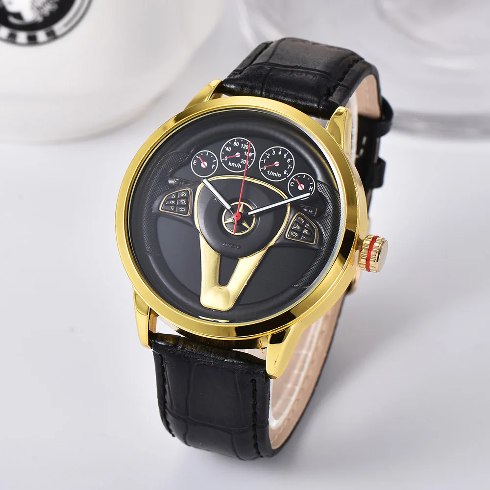 Black gold leather Повседневные Оригинальные Классические прецизионные Мужские кварцевые часы из нержавеющей стали, повседневные спортивные 3D автомобильные рулевые часы в виде рулевого колеса - Цвет: Black gold leather