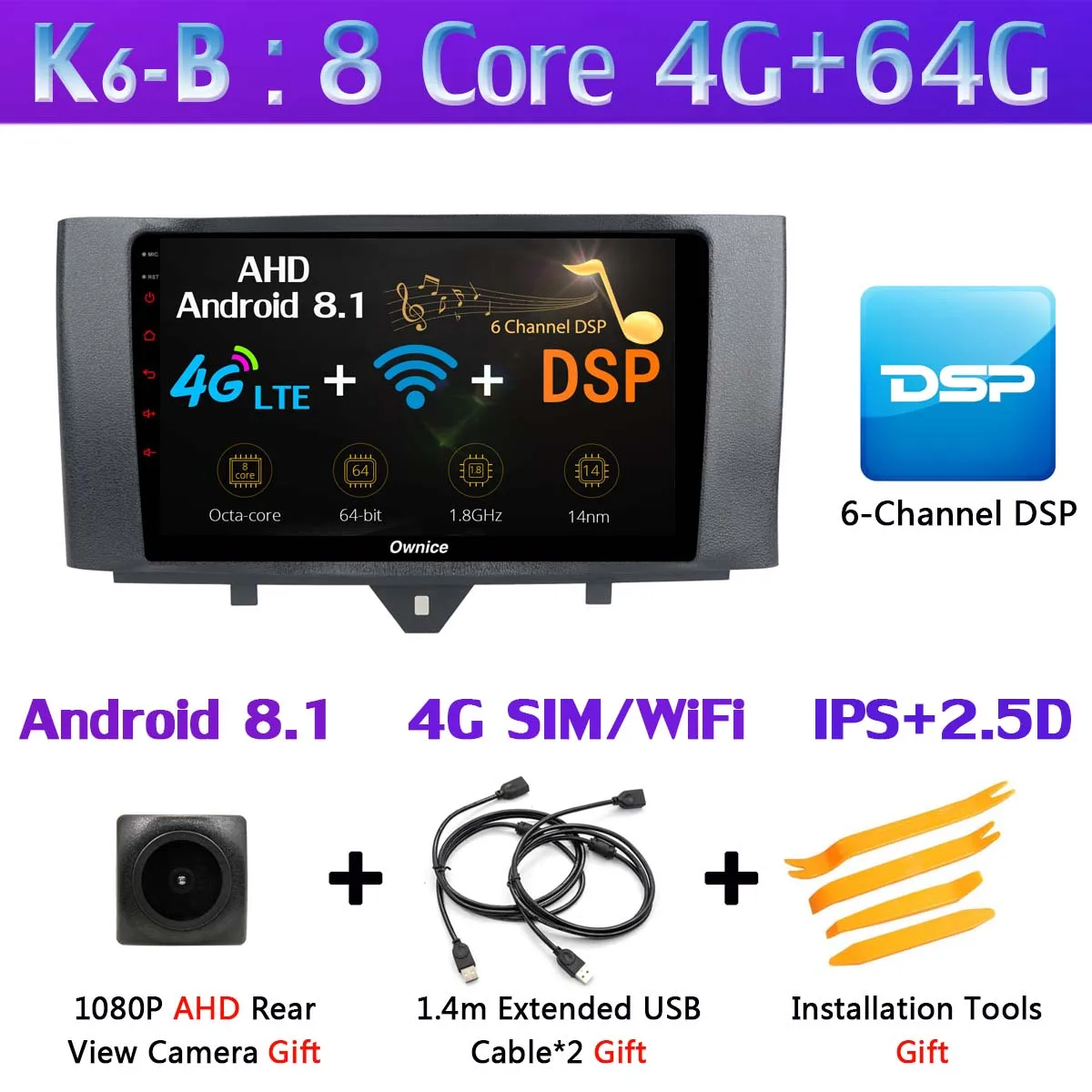 Камера 360 ° 4G LTE Android 9,0 4G+ 64G SPDIF DSP CarPlay Автомобильный мультимедийный плеер gps радио для Mercedes Benz Smart Fortwo 2011 - Цвет: K6-B