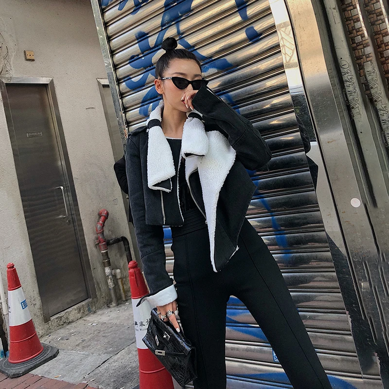 [TVVOVVIN] осень зима Женская мода тренд узор Harajuku черный короткий прямой деним плюс бархат шерстяная куртка