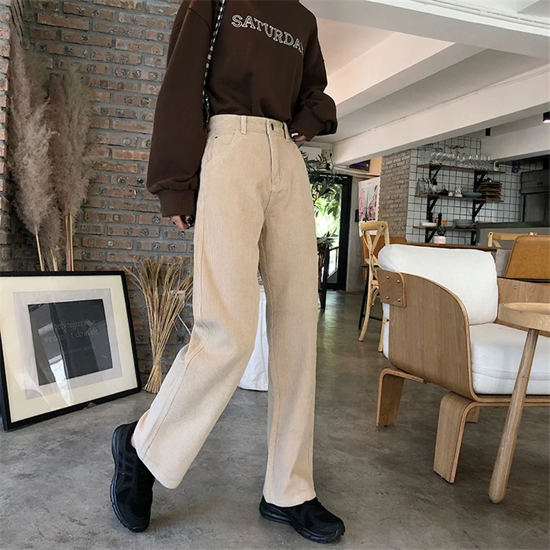 BGTEEVER Vintage High Waist Straight Pants Women Casual Winter Corduroy Pants Female Wide Leg Trousers Women pantalon femme