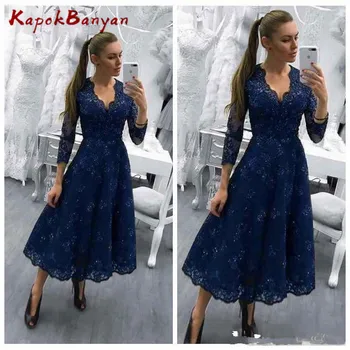 

Navy Blue V-neck Zipper Long Mother of Bride Dress Lace Long A-line Formal Mather Dress