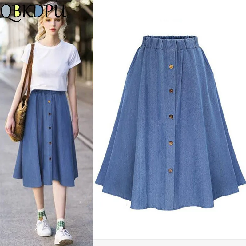 Denim Jeans A-line Women's Midi Skirt Female Plus Size High Waist Button Students long Skirts Spring Summer College Clothes