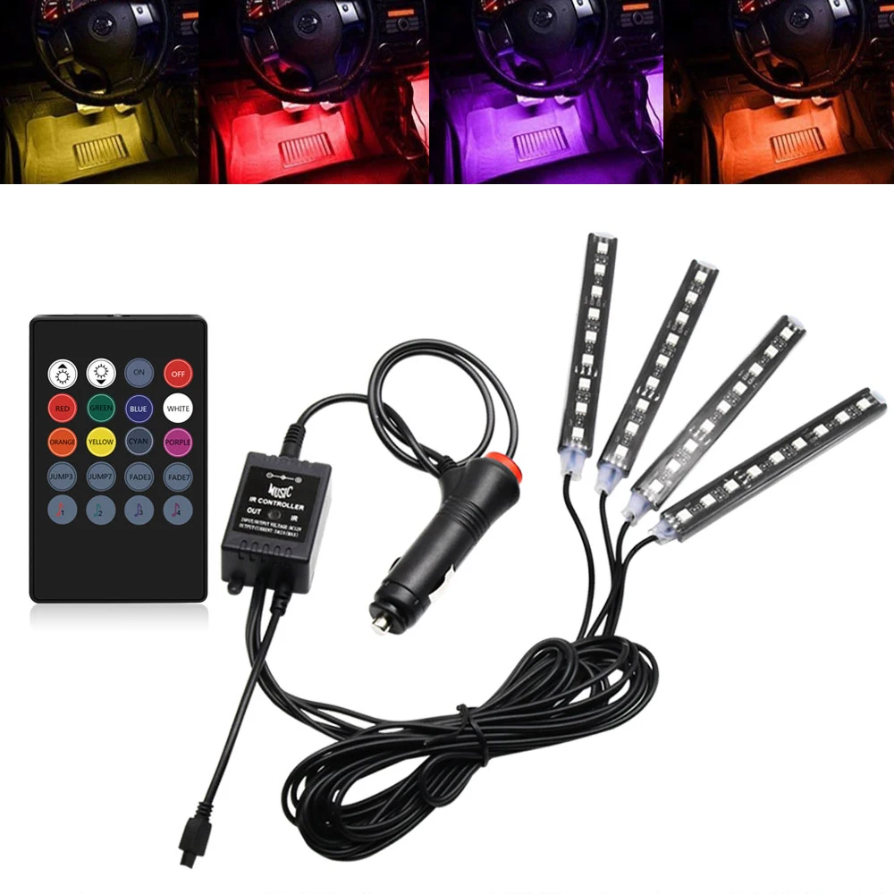 VGETTING 4PCS Auto RGB Color LED Strip Lights Decorative Atmosphere Car Interior Lamp Sound Music Active With Remote | Автомобили и