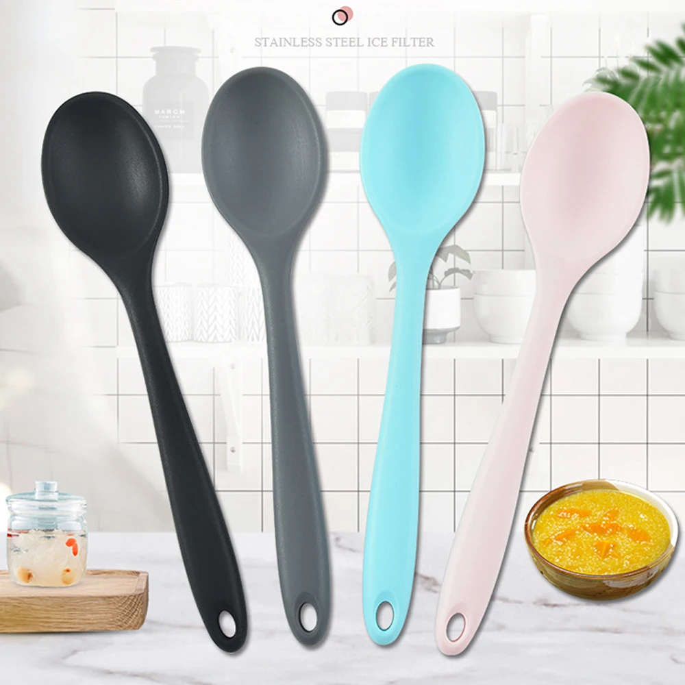 De silicona de grado de alimentos de mango largo cuchara sopera vajilla Color sólido cuchara de silicona de cocina cubiertos utensilios y accesorios