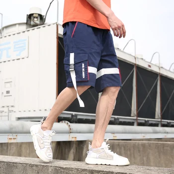 

Streetwear Summer Casual Shorts Men Side-pockets Ribbons Mens Cargo Shorts Knee Length Bermuda Hip hop Cotton Men's Shorts