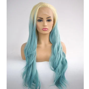 

White to Blue Ombre Wig Wavy Synthetic Lace Front Wig for Women Heat Friendly Fiber Hair Half Hand Tied Daily Wear Makeup Wigs