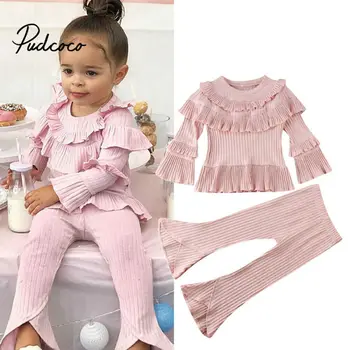

1-6Y Toddler Kids Baby Girls Clothes Sets Pink Floding Tops T-shirt Flare Pants Outfits Set Multilayer Ruffles Fashion Element