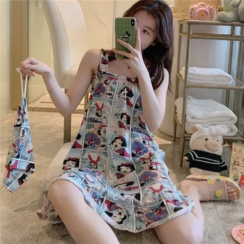 

2020 Summer Cute Comic Print Cotton Nightgowns for Women Sexy Spaghetti Strap Sleepwear Home Dress Night Gown Nightdress Nighty