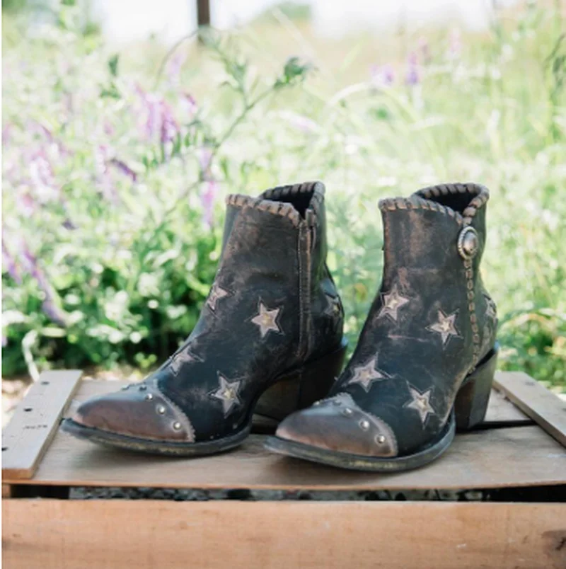 Ankle Boots for Women  Chunky Mid Heels Gladiator Sexy Shoes Short Vintage Booties Pointed Toe Rome Rivet Lady Fashion D16